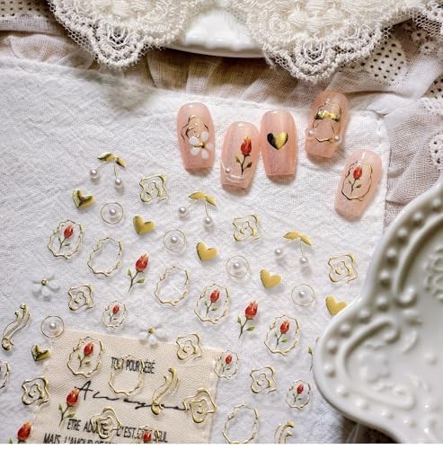 Gold Nail Stickers Flower Nail Decals for Nails Art Tulip Nail Tulip Gold Heart