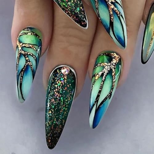 Green Press on Nails Almond Short Medium Fake Nails with Glitter Gold Line
