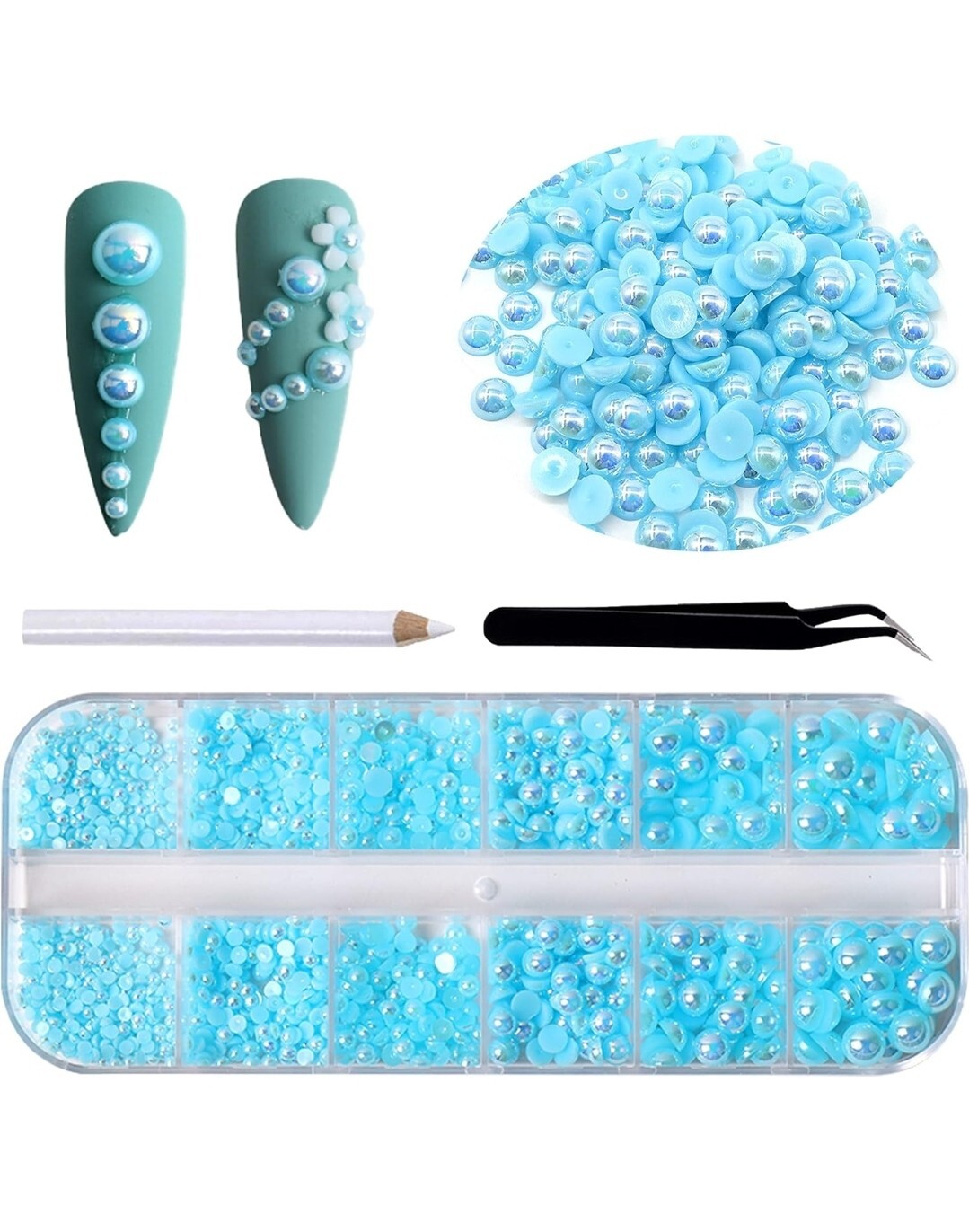 2000pcs Lake Blue Pearl Beads Rhinestones for Nail Art Design DIY Crafts Jewelry