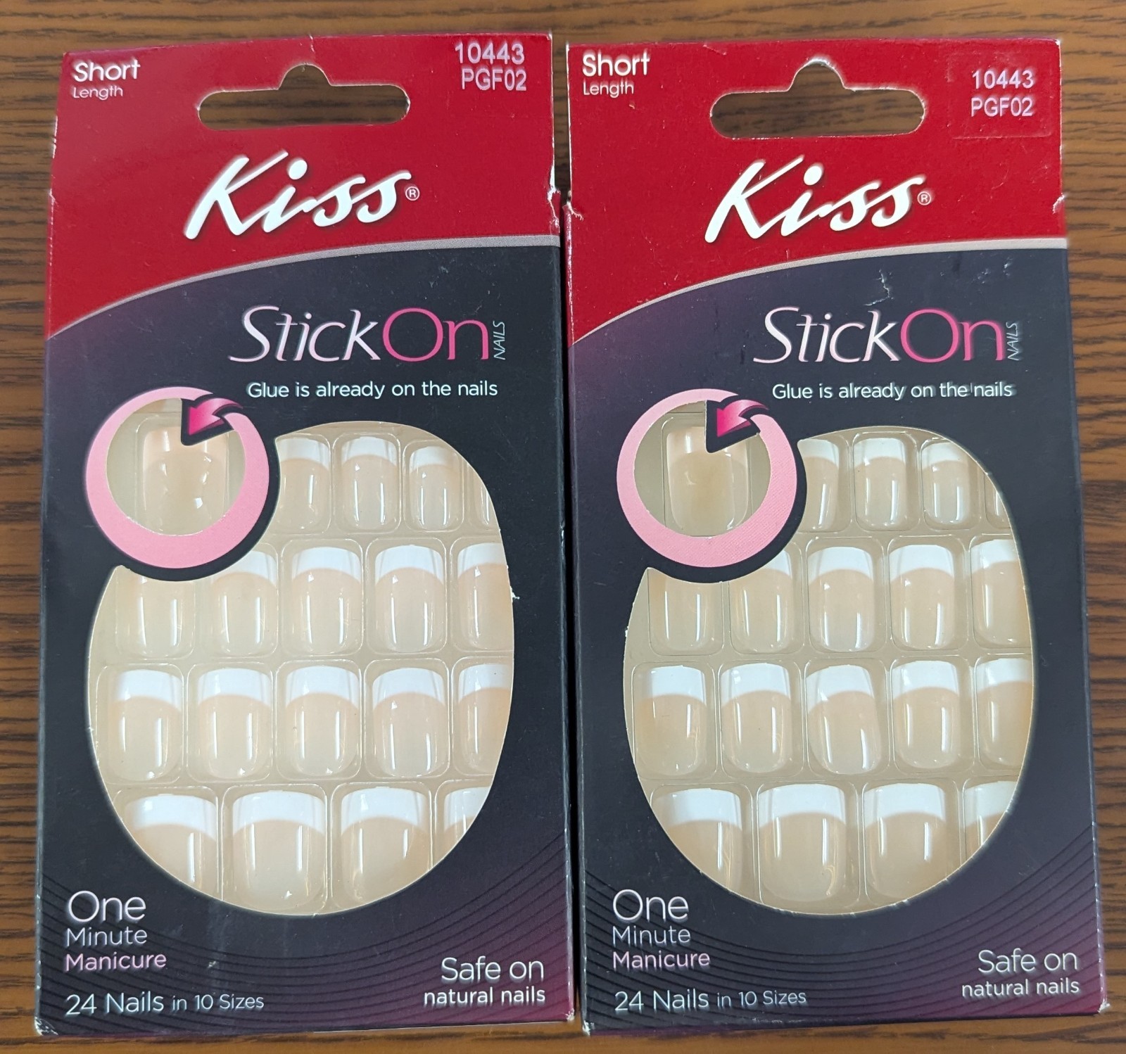 LOT OF 2 KISS SHORT LENGTH STICK ON NAILS 24 NAILS IN 10 SIZES EACH PKG #10443
