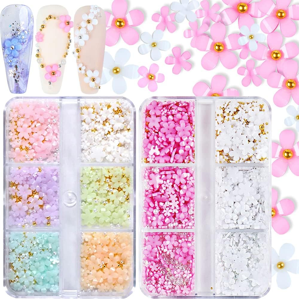 Encantos Uñas Unas Flores 3D 2CAJAS 3D Acrílico Flor Nail Art Rhinestones Blanco