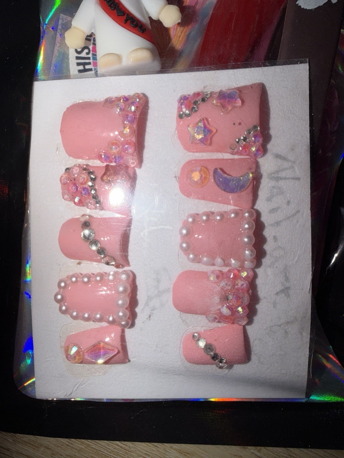 Pink Short Square Acrylic Full Cover 3D Shiny Rhinestone Press-On Nails
