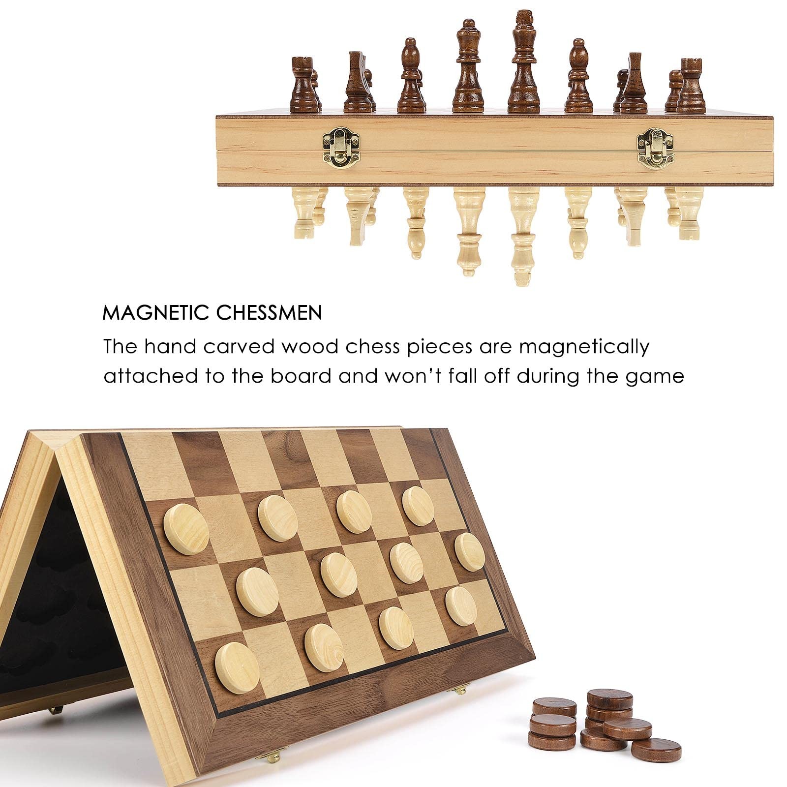 AMEROUS 15” Magnetic Wooden Chess & Checkers Game Set -2 Extra Queens Brown