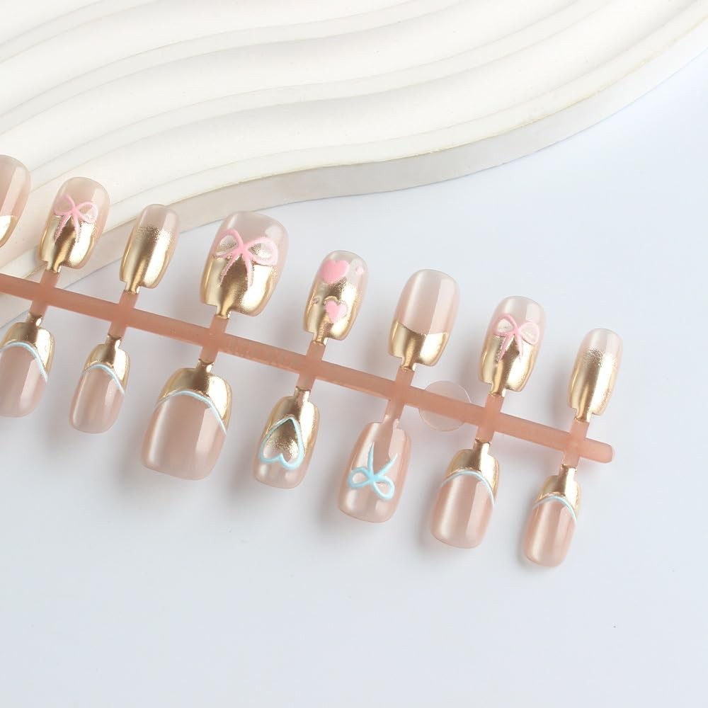 Short Press on Nails Square Glue on Nail – Pink Blue Bow Hearts Design Glossy…