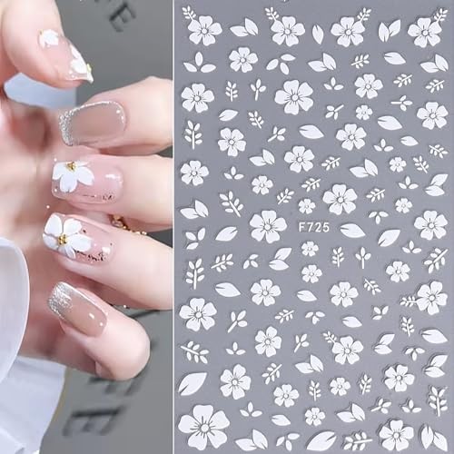 4 Sheets 3D White Flowers Nail Stickers, Self – Adhesive Cherry Blossom Style 7