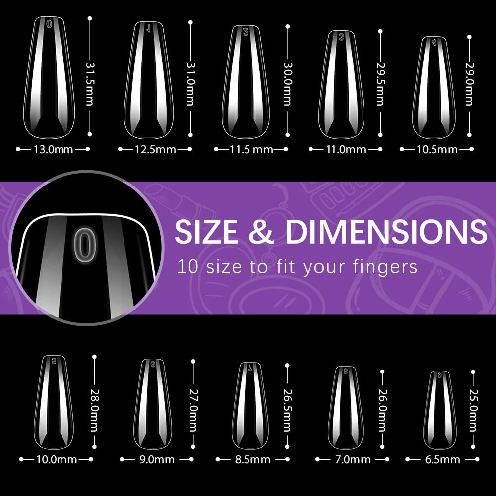 500 Piece Clear Coffin Nails Set Assorted Sizes Natural Press On Nails