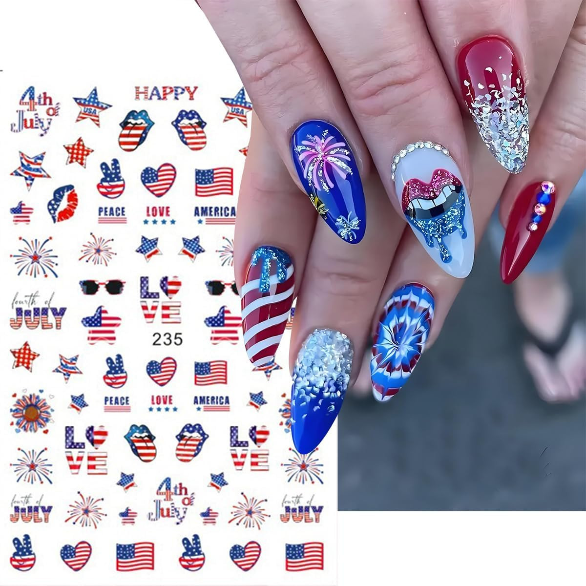 6Pcs 4Th of July Nail Art Stickers Decals Red Blue White Flag 3D Self-Adhesive N