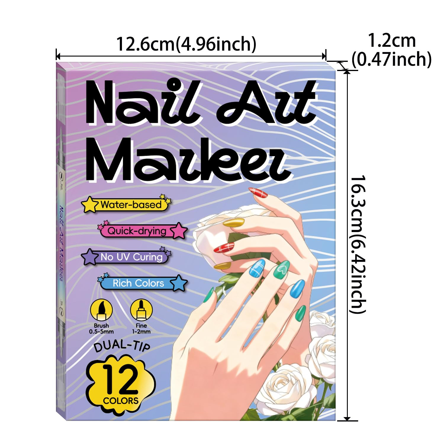 12 Colors Double-Ended Nail Art Markers Set, 3D Nail Polish Pens with Liner Brus