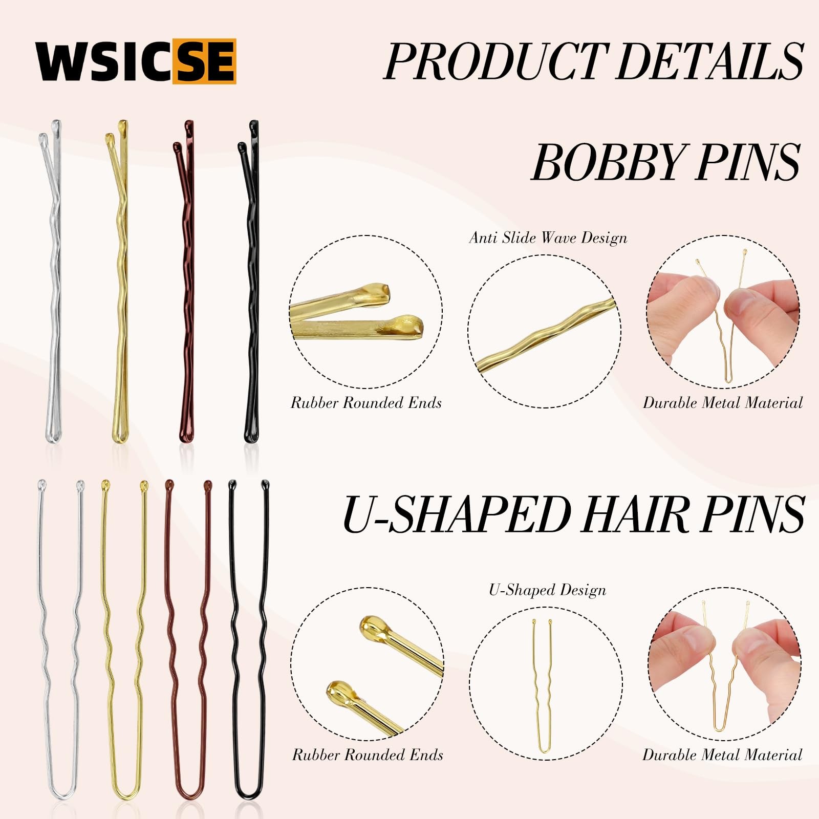 600Pcs Bobby Pins, 4Colors Hair Pins for Women Black, Brown, Blonde, Silver