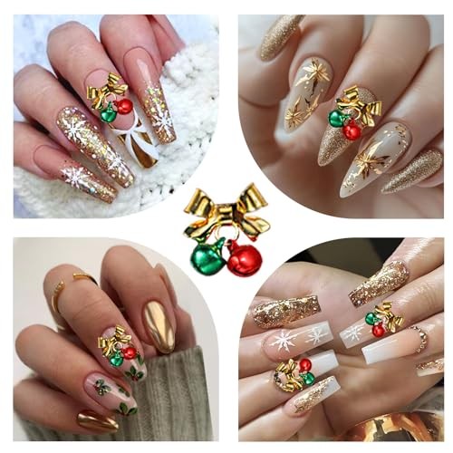 12Pcs Christmas Nail Art Charms Bow Bell Nail Rhinestones 3D Jingling Bell