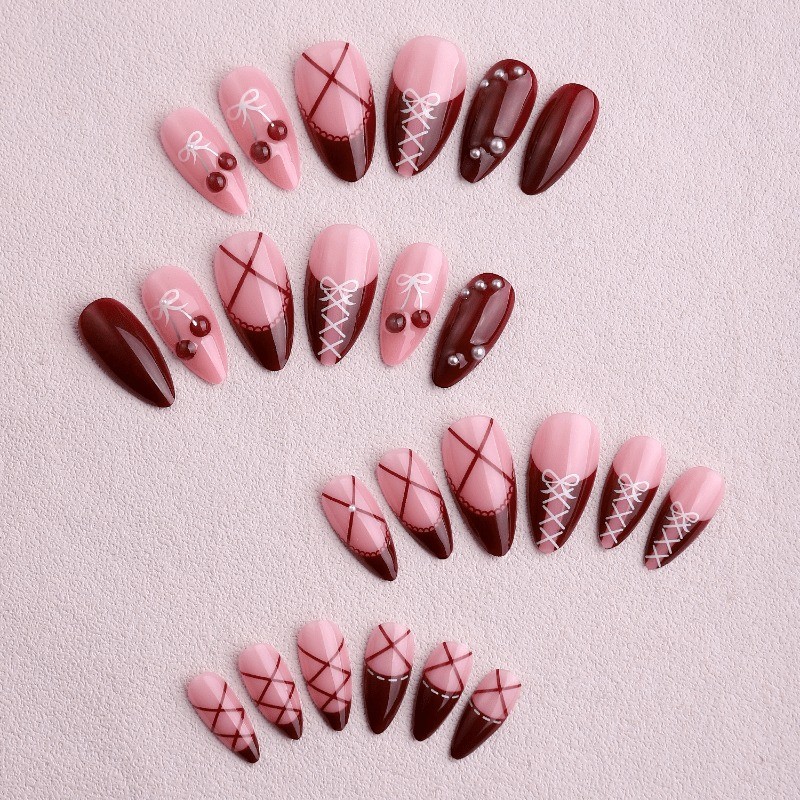 48 Pcs Medium Length Almond Shaped, Bow and Cherry Colored, Removable Fake Nails