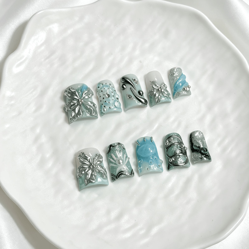 10Pcs Blue Silver Floral Press on Nails Ocean Style 3D Gem Glossy Fake Nails