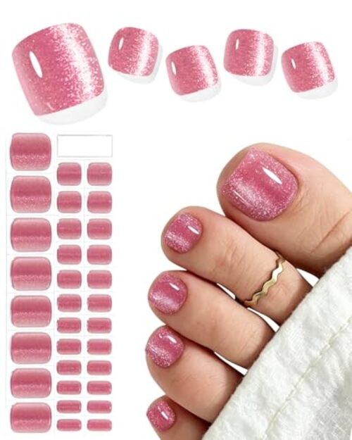 Semi Cured Gel Toenail Strips (), 32 Pcs Gel Pedi Stickers, Crimson Cat Eye T