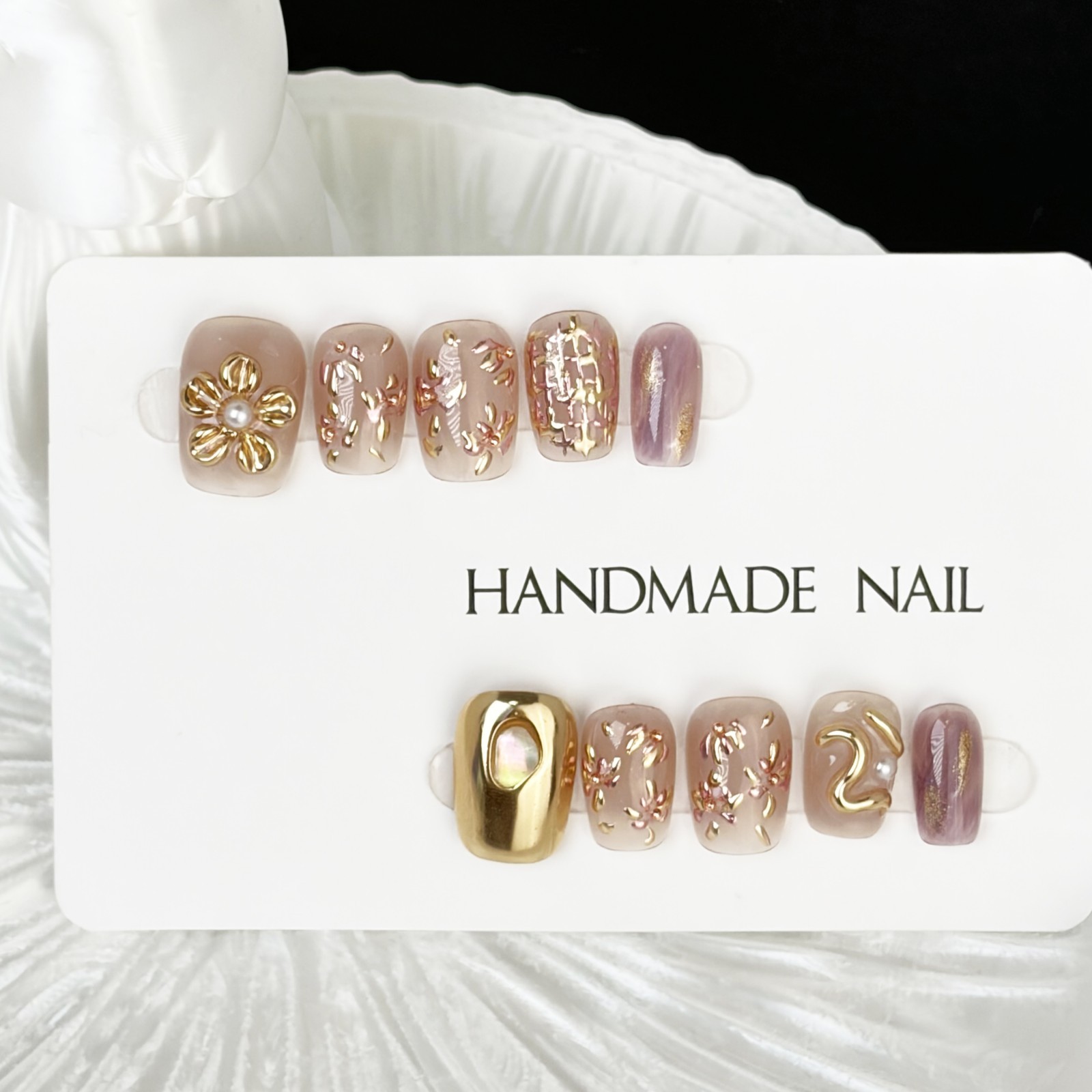 Pink Purple Press On Nails Short Square Gold Flower Pearl Handmade Set gift