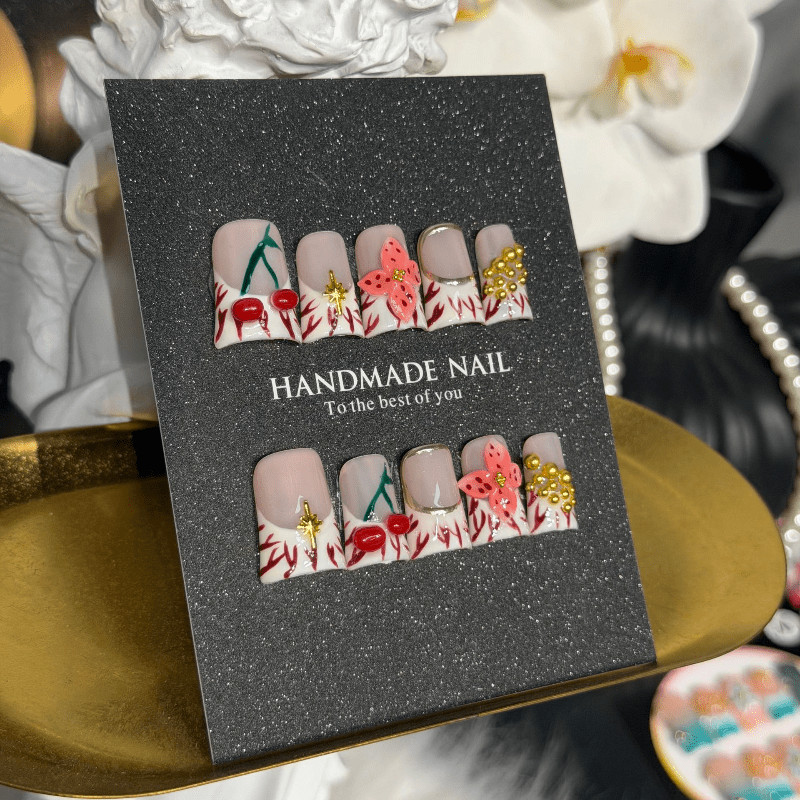 10p Short Square Press on Nails, Nude Red French Tip Cherry Printed Trendy Nails