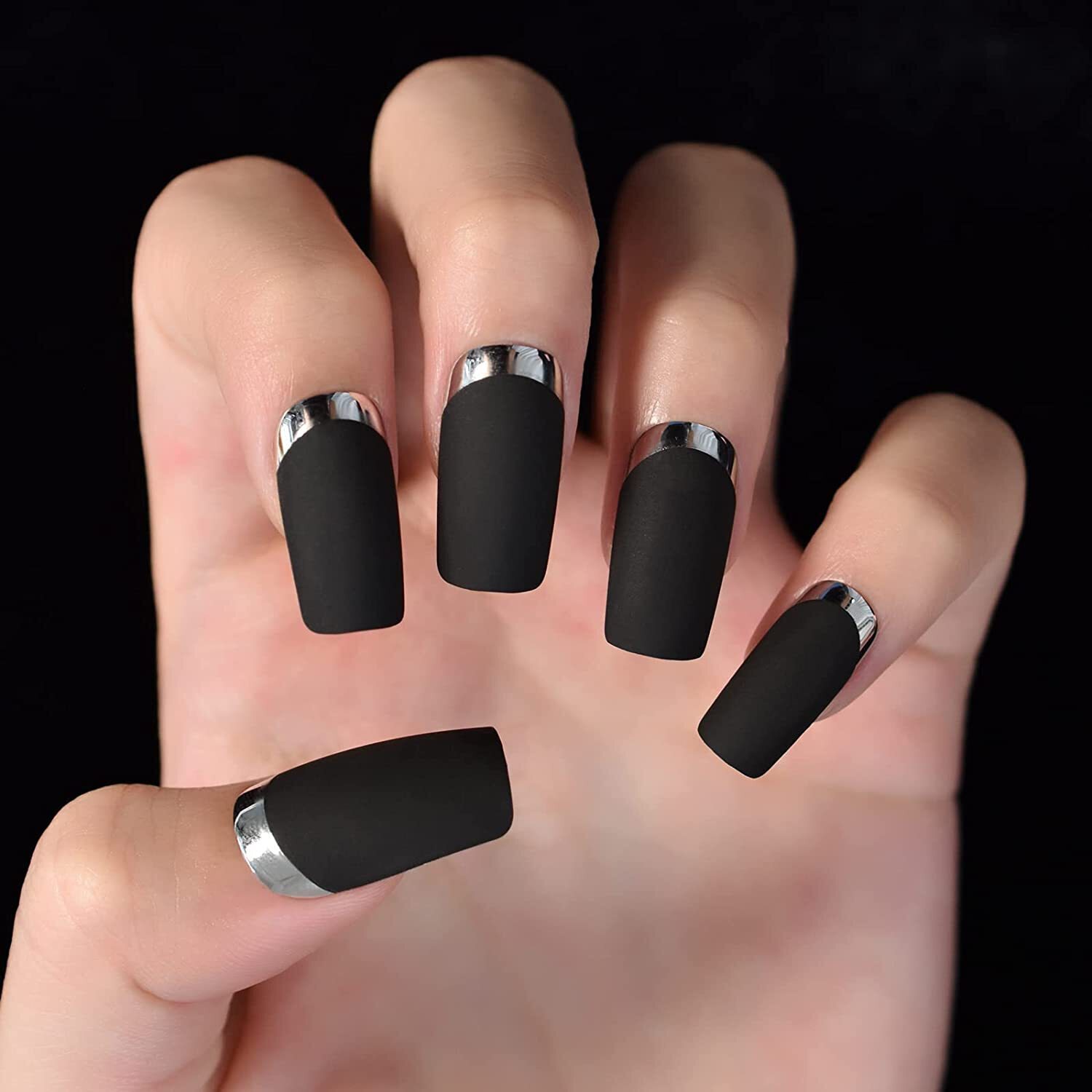 Matte Black Chrome French Press On Nails Long Square False Tips Fake Nails