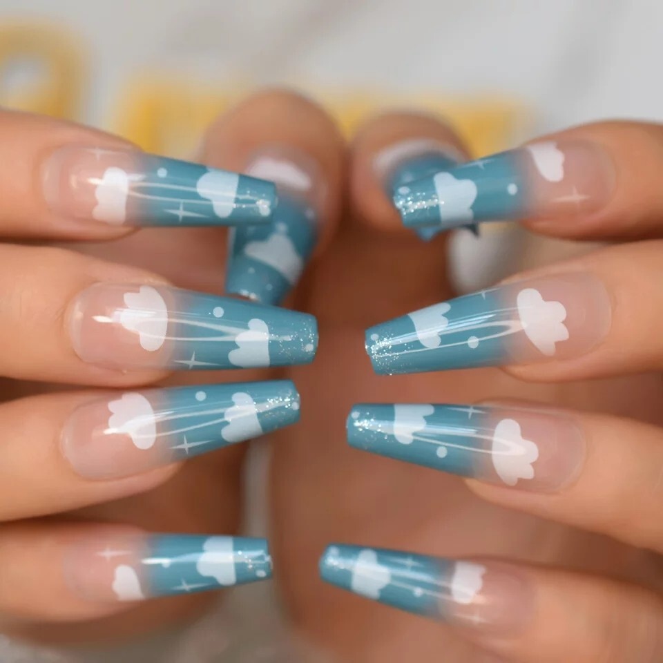 24 Nude Blue sky cloud press on nails clear white long kit cute kawaii coffin