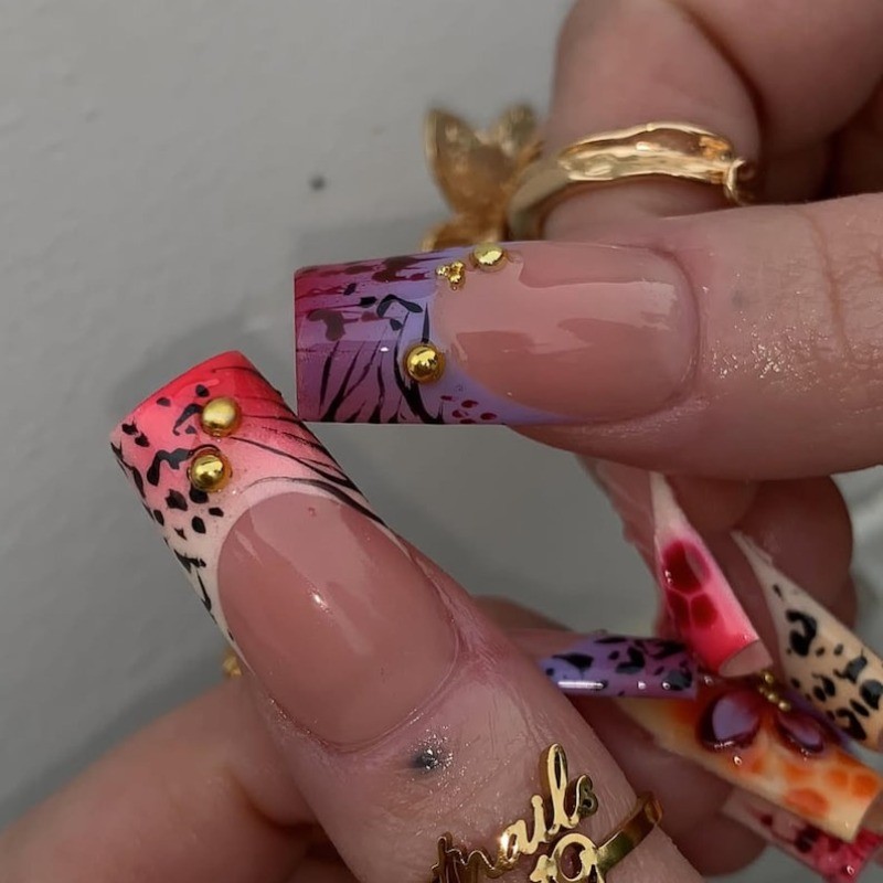 10-Press on Nails Flower Animal Print Metallic Square Nail Set Reusable Handmade