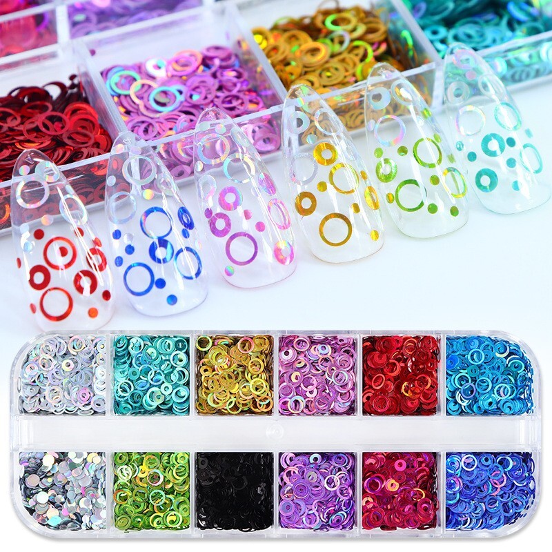 12Grids Colorful Glitter Hollow Circle Design Nail Art Sequins 3D Nails Stickers