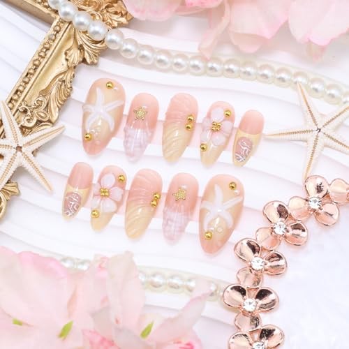 24Pcs Summer Press on Nails Ocean 3D Starfish Flower Fake Nails Summer Starfish