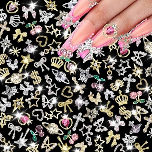 120 Pcs Silver Gold Nail Charms 3D Butterfly Cherry Star Bow Cross Planet