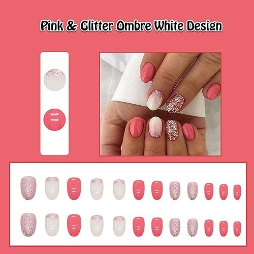 Press on Nails Short Oval Pink Fake Nail with Glitter Ombre White Design on