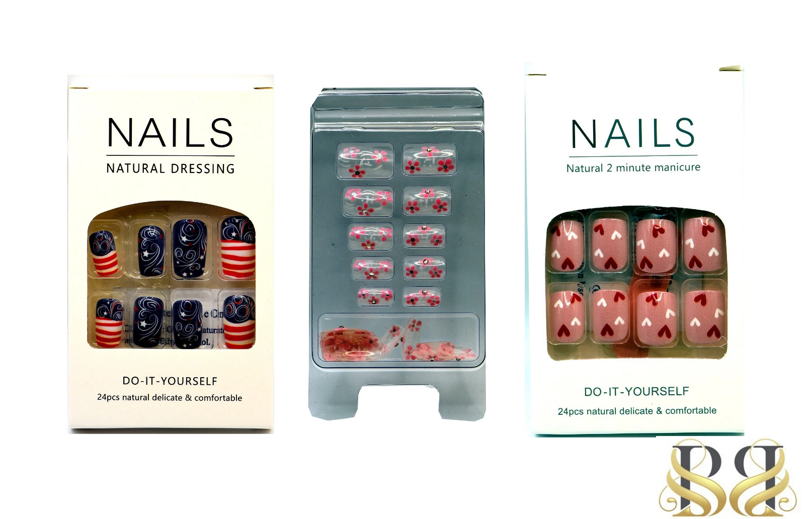 Set of American Flag,Three Light Pink Flowers Dots,Pink White Heart Design Nail