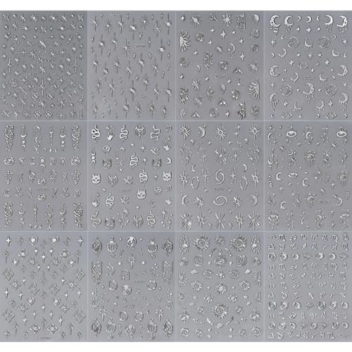 12 Sheets Bronzing Silver Nail Art Stickers, 3D Self-Adhesive Sun Moon Style12