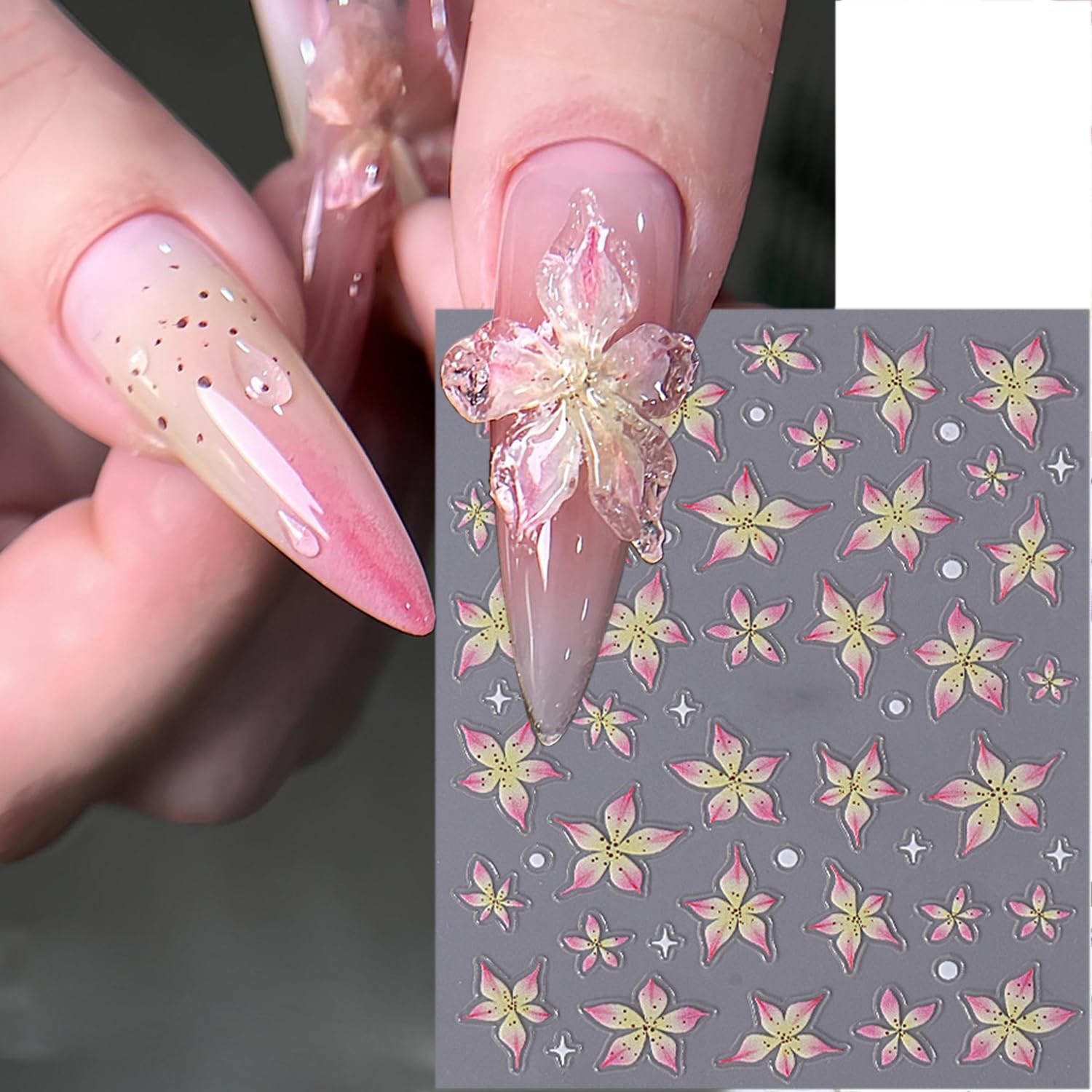 3 Sheets 5D Embossed Flower Nail Stickers Purple Sheet, Pink and Green