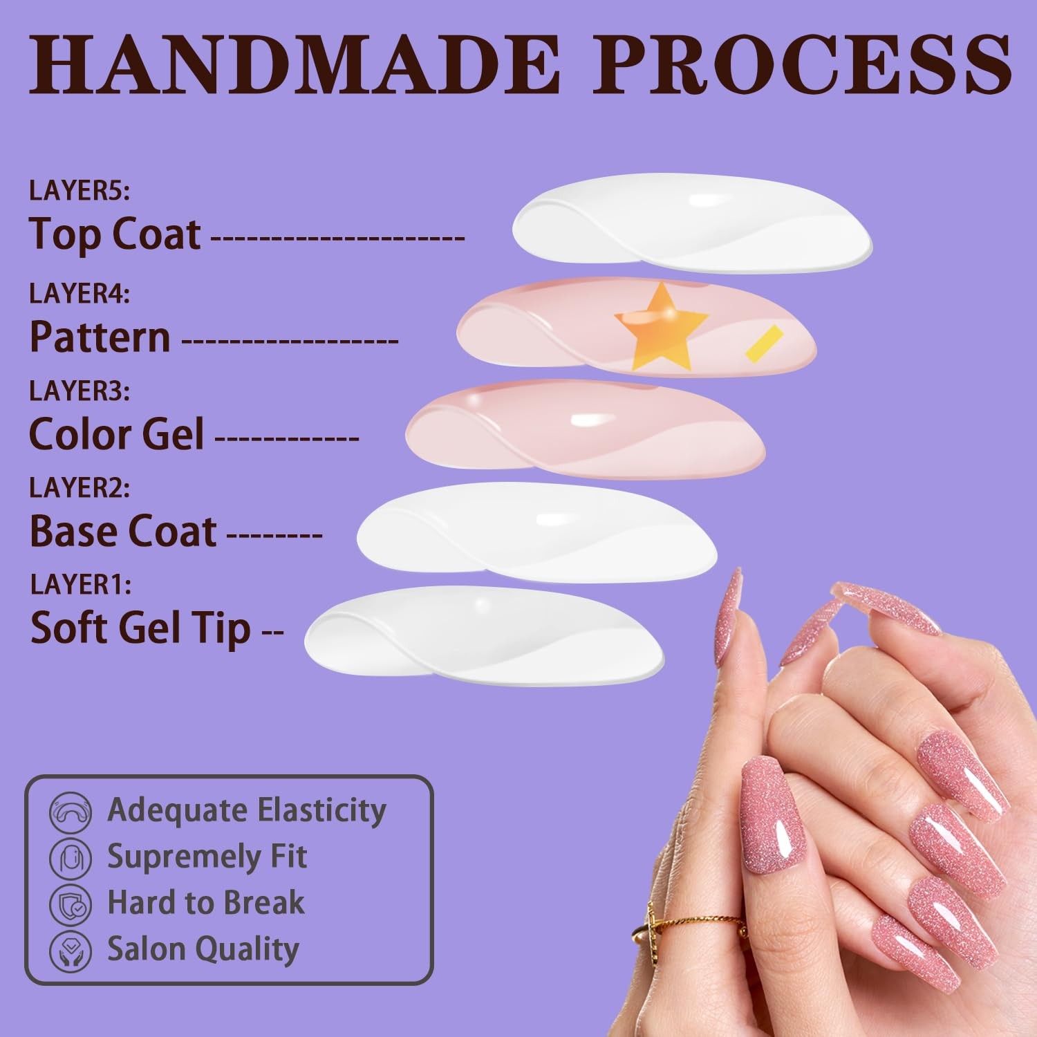 Medium Press on Nails, Pink Glitter Fake Nails Medium Coffin Sparkly Nails Pr…