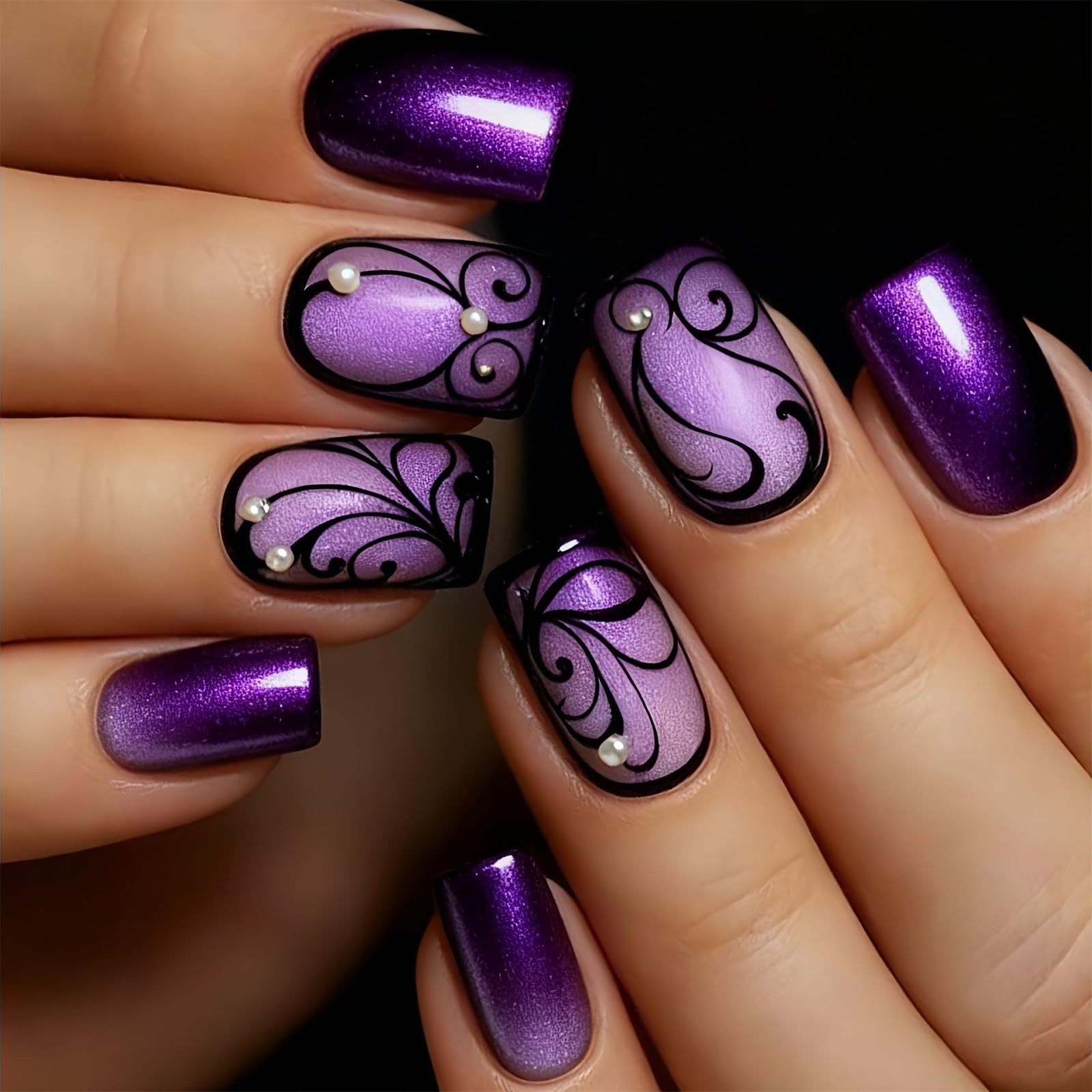 Purple Press On Nails Short Square Black Flowers Line Design Rhinestones