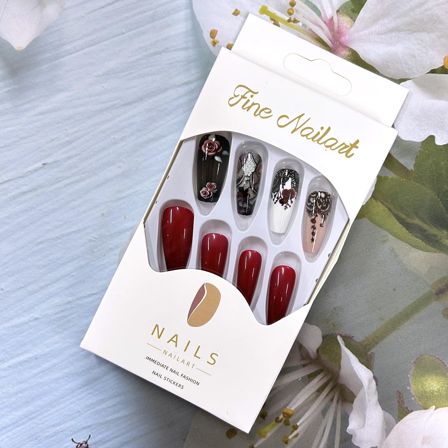 24Pcs Flower False Nails Red Press on Medium 1 Fl Oz (Pack of 1), Multi