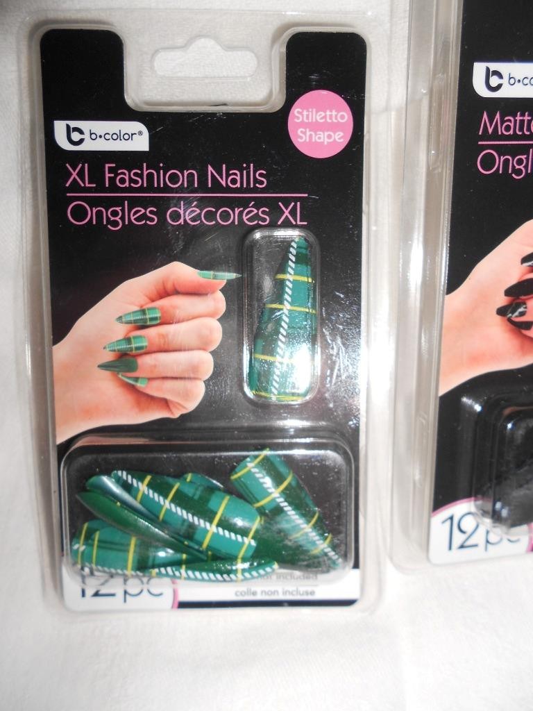 Lot 3 12pk B-Color XL Green Plaid, Purple Tip & Black Marble Fashion Nails NEW