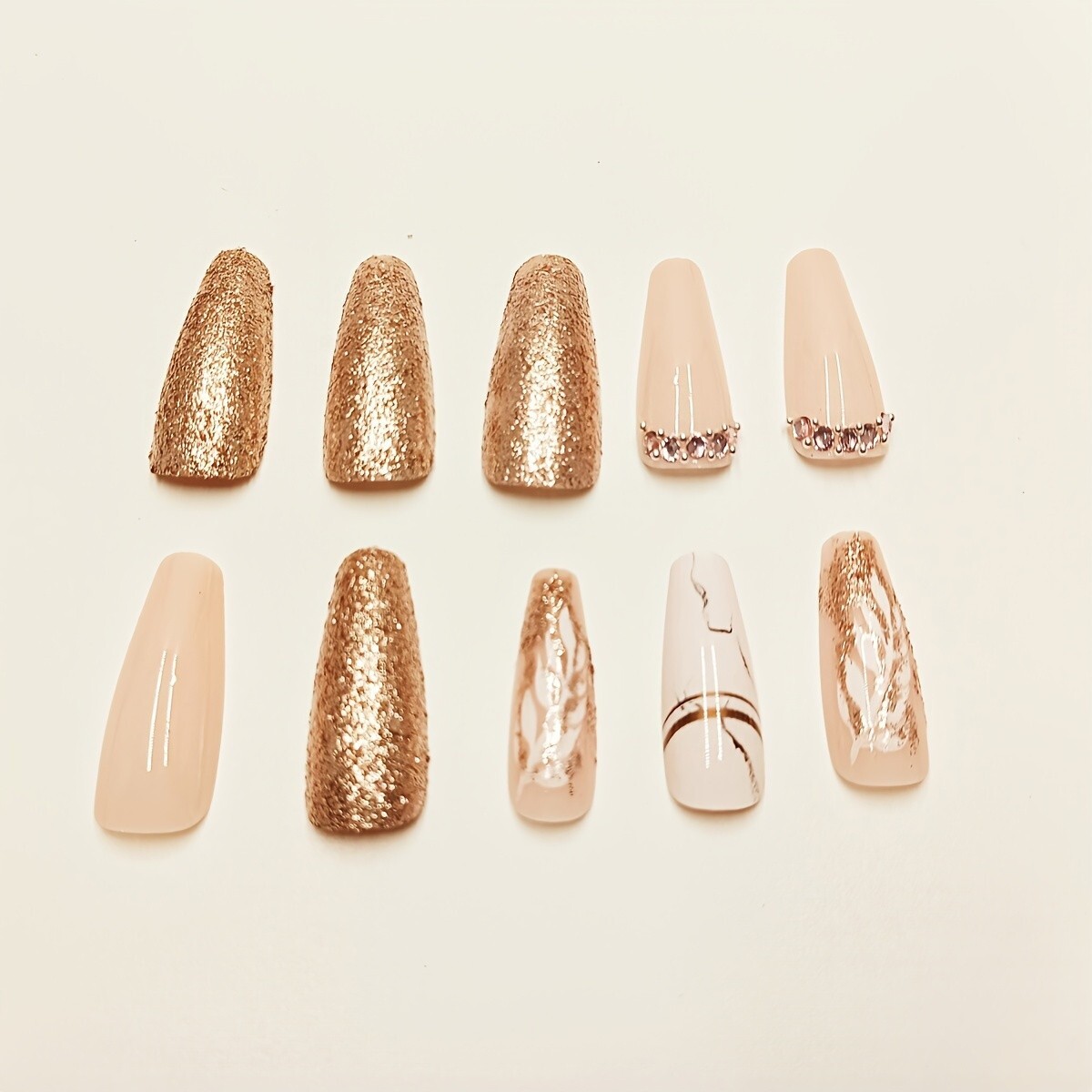 Long Coffin Shaped Full Cover Glitter Press On Nails – Leaf Design, Ballet Style