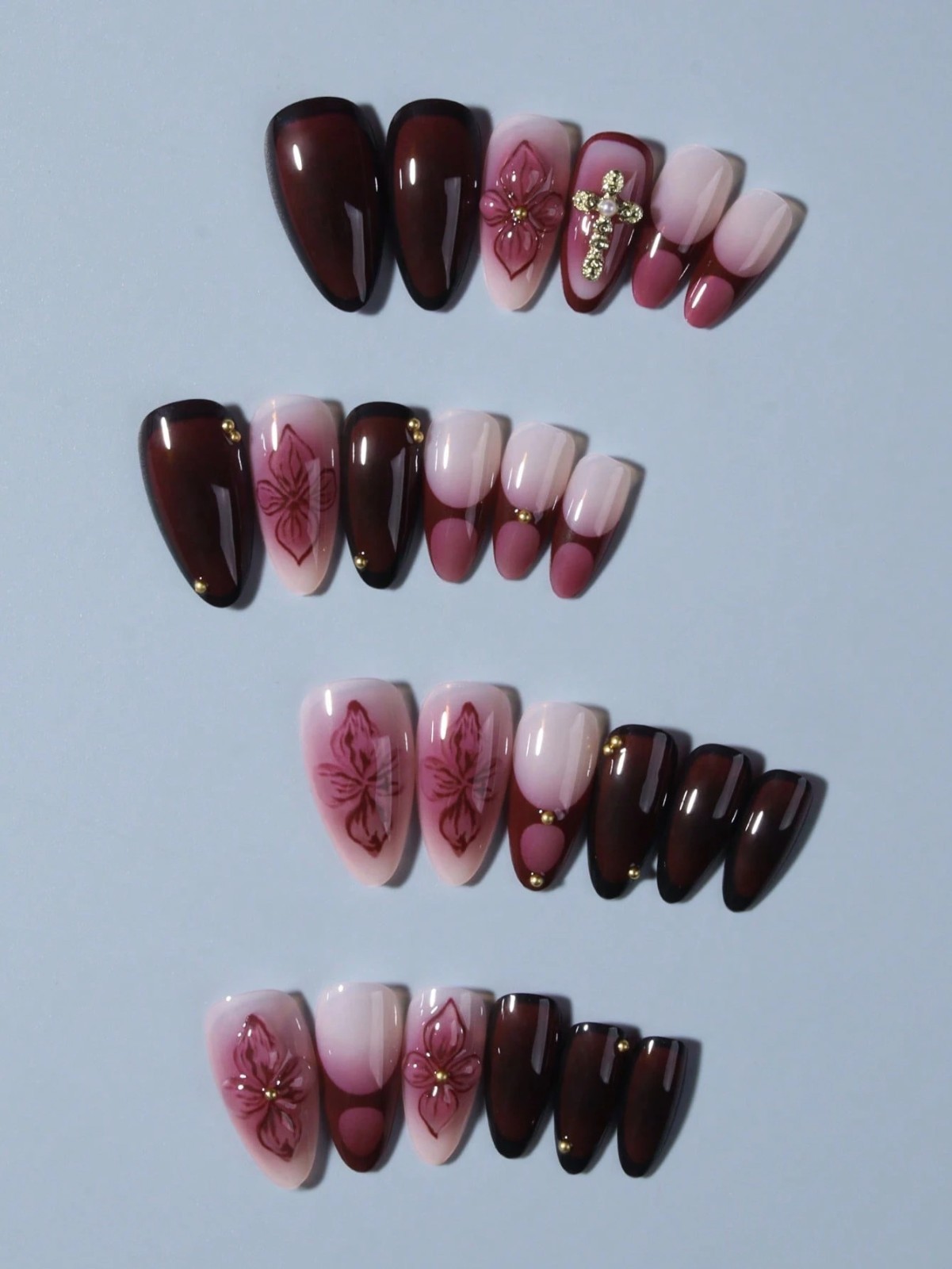 Burgundy 3D Flower Press On Nails, Almond Fake Nails with Charms