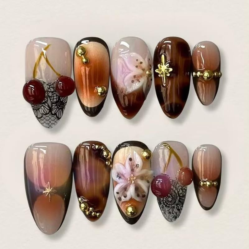 24Pcs Brown Flower Press on Nails Medium Almond Fake Nails 3D Cherry Floral Desi