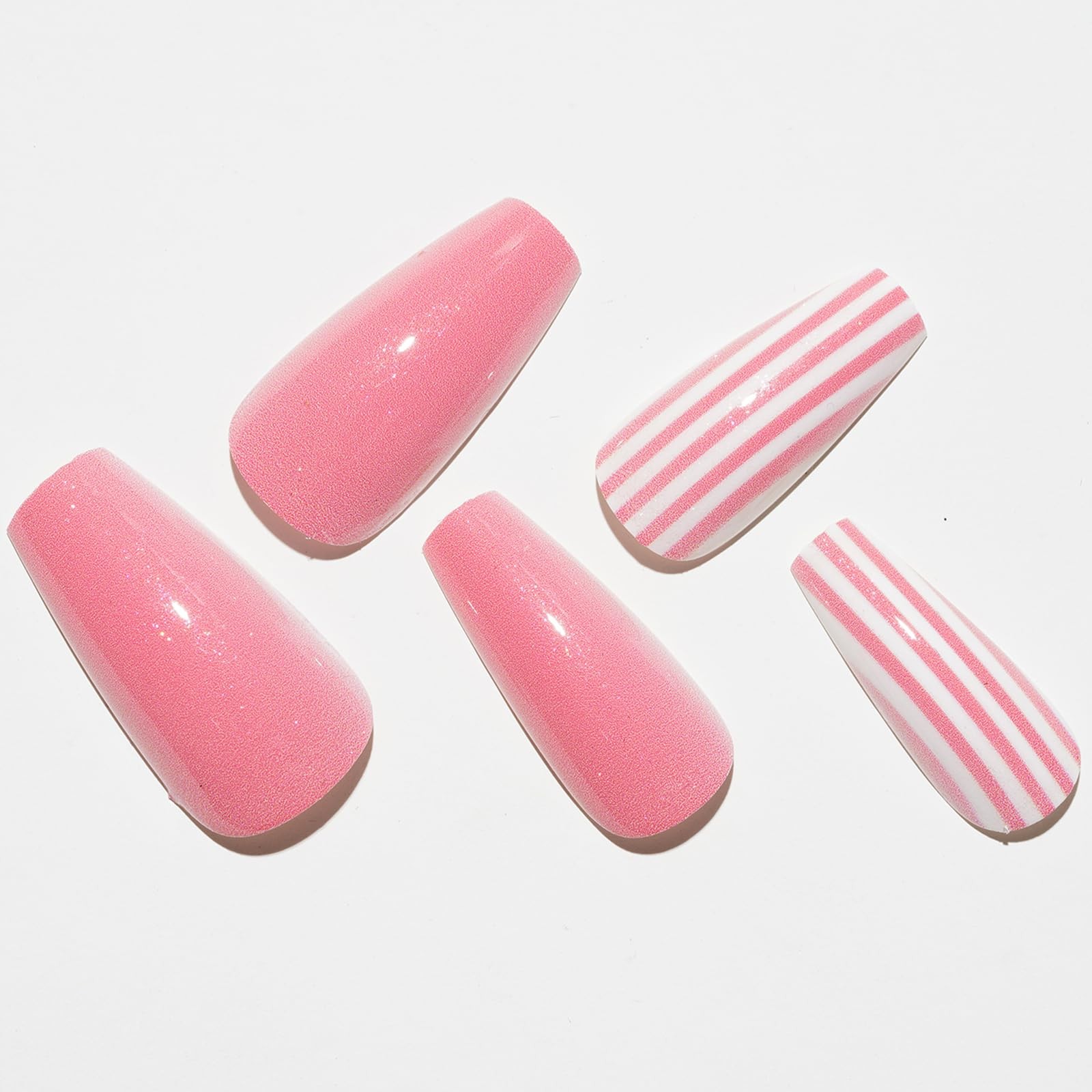 Press on Nails Coffin Long, Winter Pink Medium Length False Nails with Design…
