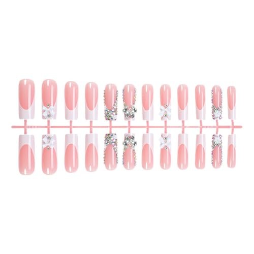 Long Square Press On Nails French Tip White Fake Nails with Butterfly Charm