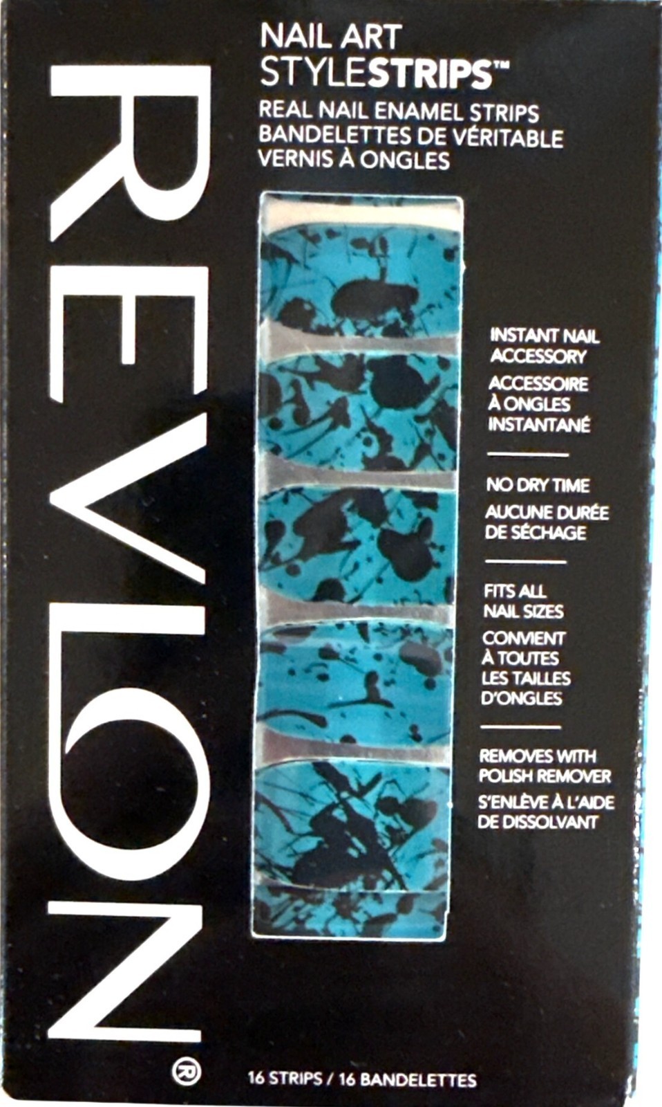 REVLON 16 Real Nail Enamel Style Strips SPLATTER PAINT Blue+Black Chic Abstract