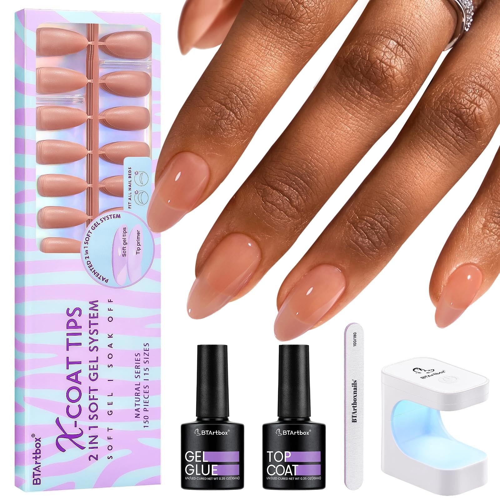Almond Nail Tips – Brown Soft Gel Nail Kit with 150 pcs Medium Fake Nails, Ge…