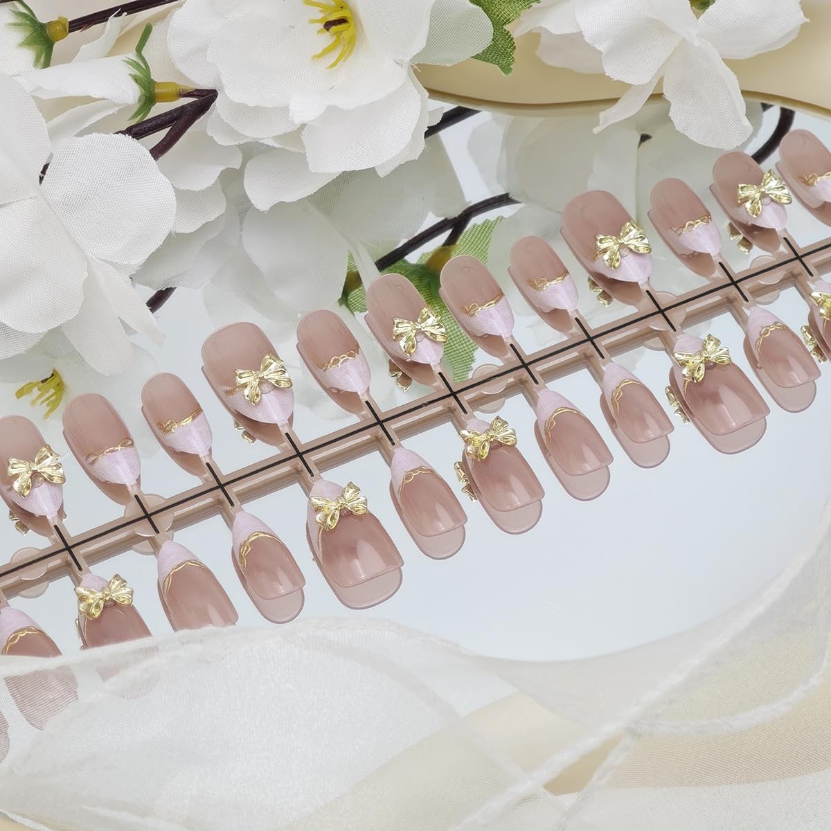 30Pcs Pink French Tip Press on Nails Short Almond Fake Nails 3D Bow with Gold…