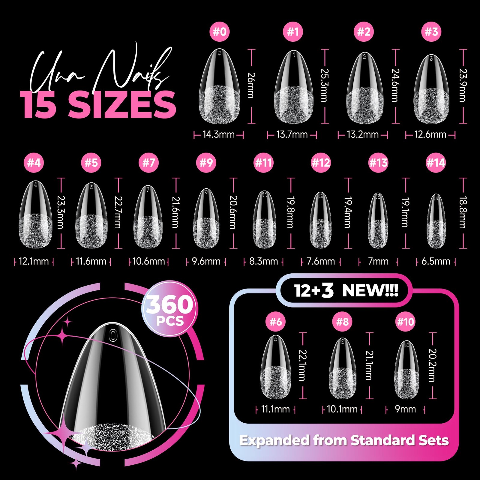 UNA GELLA Almond Nail Tips 360Pcs, 15 Sizes No Filing Needed Soft Gel Medium…