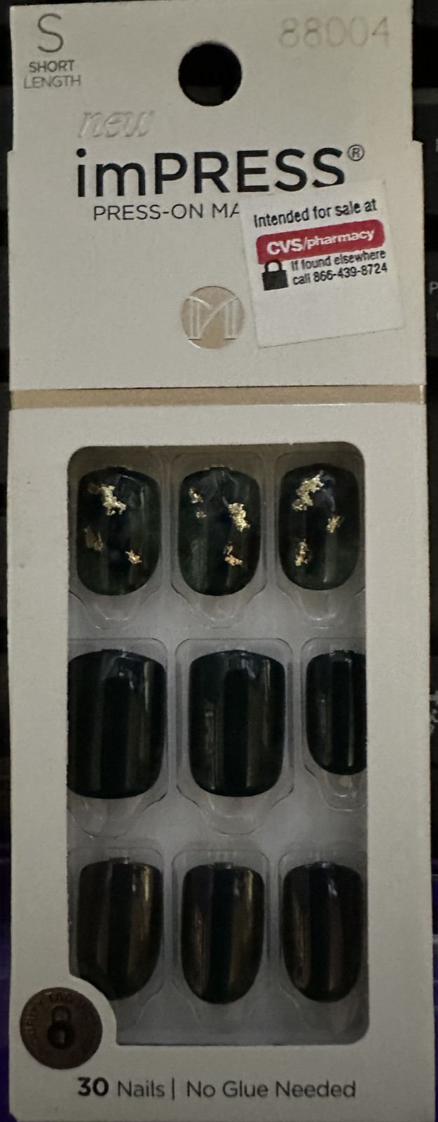 Impress Kiss Manicure Nails Gloss Square Short Dark Green black gold leaf accent