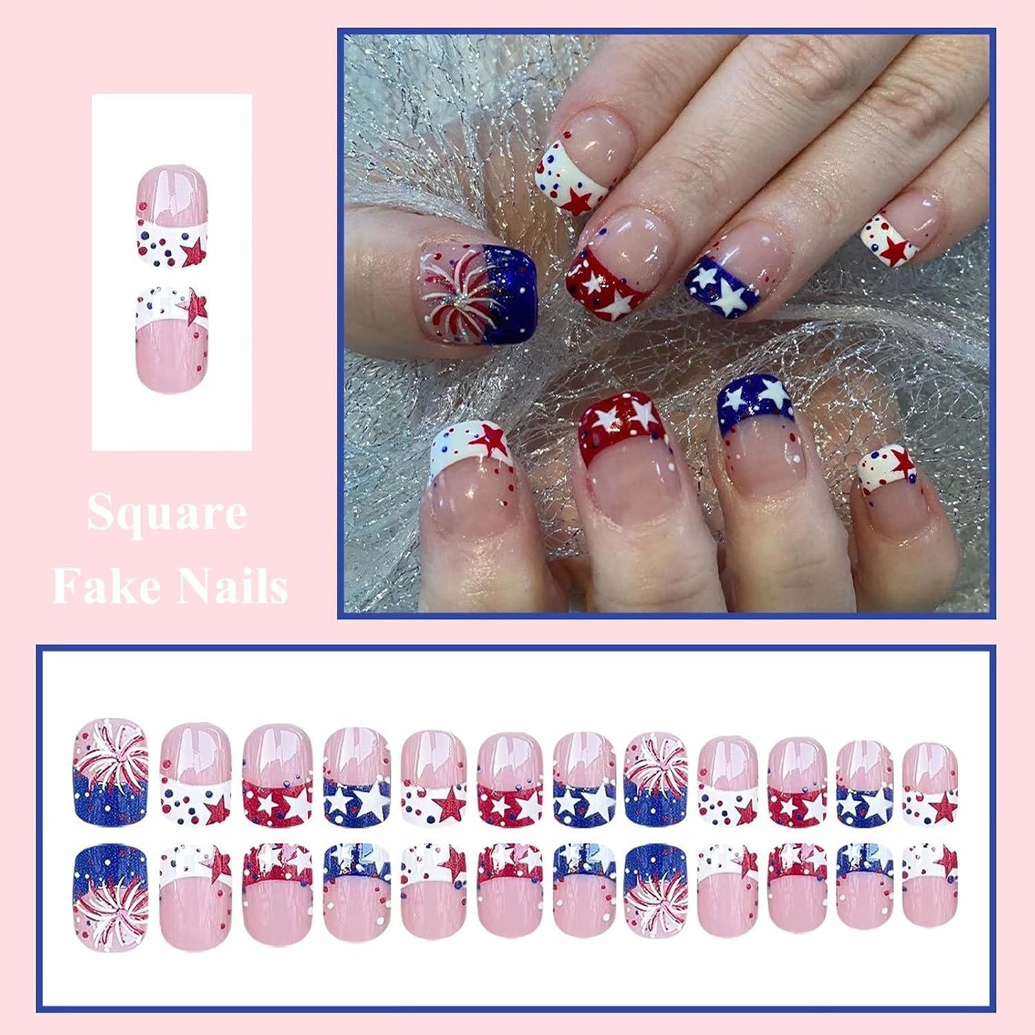 Acrylic Short Square Fake Nails Set – 4th of July French Tip Design (24 Pcs)