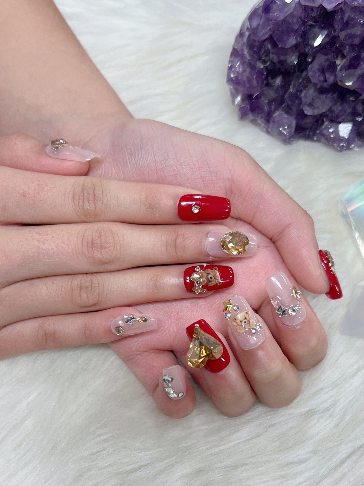 Handmade Gel Press On Nails | Short Square Mix Teddy Bear Rhinestones Reusable
