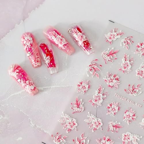 Flowers Nail Art Stickers 5D Embossed Pink Flower Nails Sticker Self Style-31