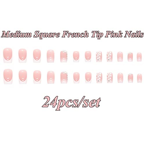 SINSEN Pink Square Fake Nails French Tip Press on Nails Medium Length, 24Pcs