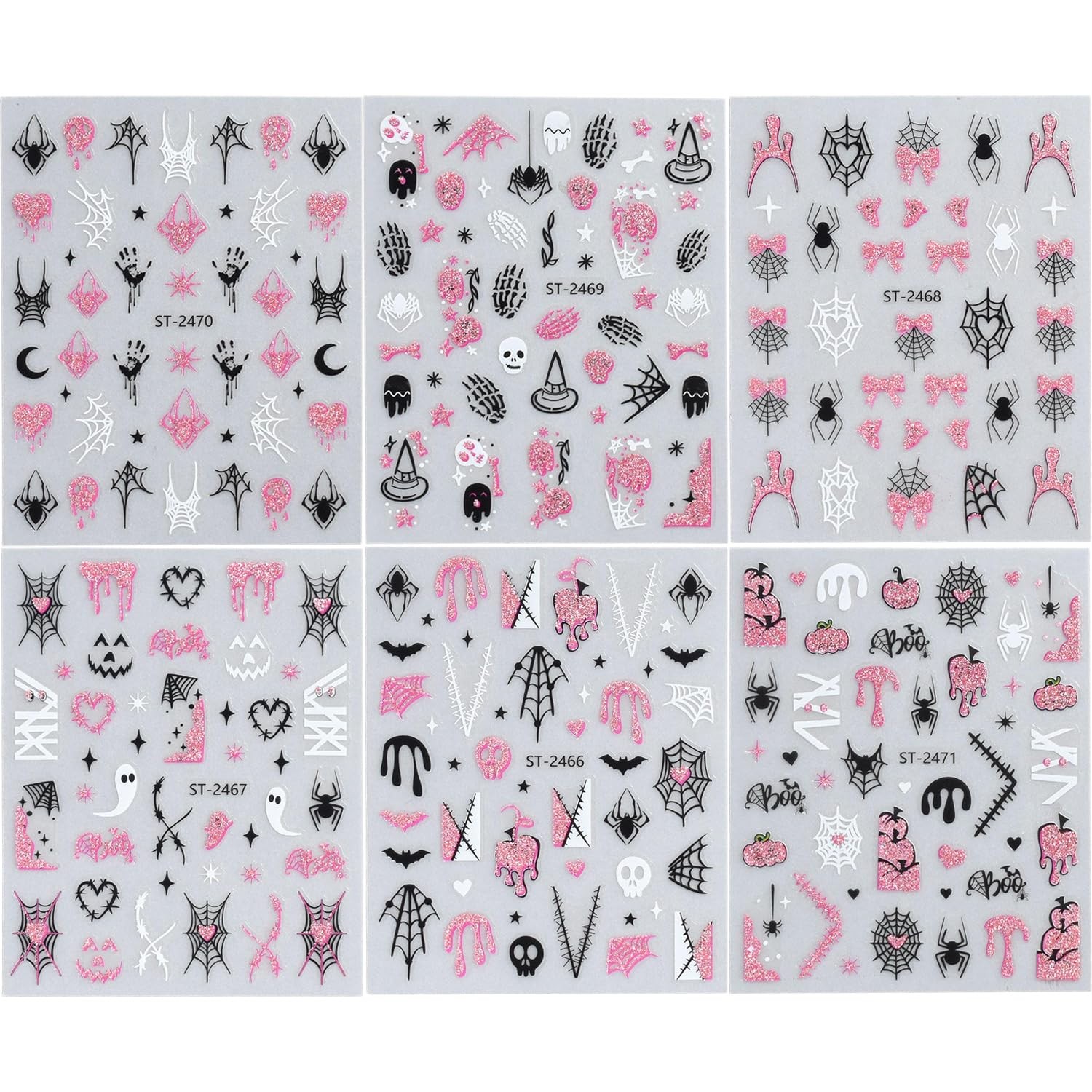 6 Sheets Halloween Nail Art Stickers Decals Pink Glitter Spider Blood Pumpkin…
