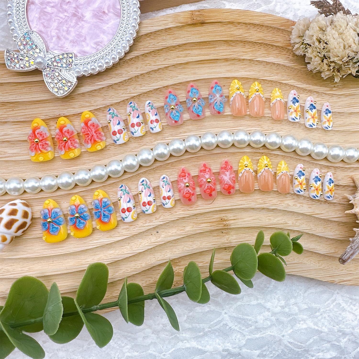 30Pcs Summer Press on Nails Medium Almond 3D Lemon French Medium, Multicolor