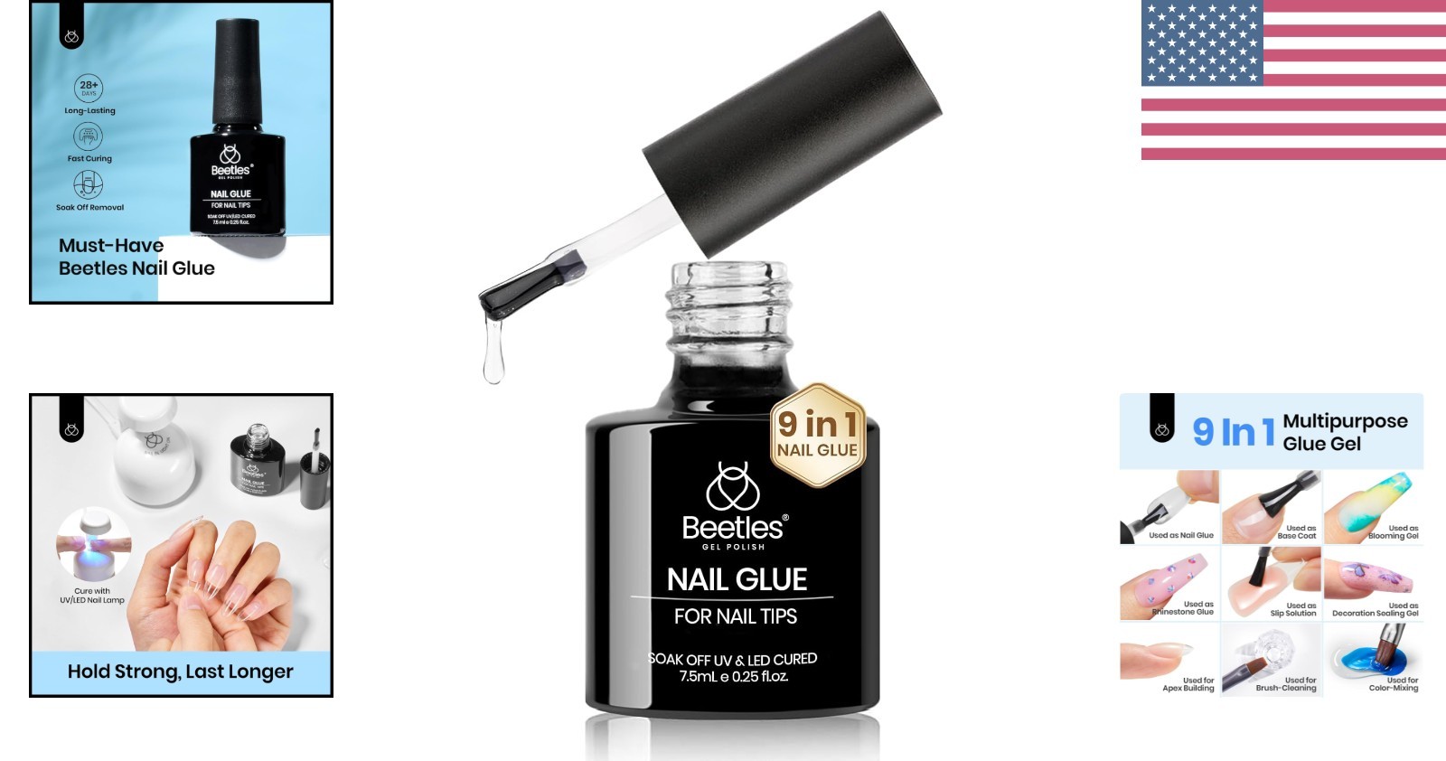 Beetles 9 in 1 Nail Glue Gel – Long Lasting for Clear Acrylic Nails, 15ml